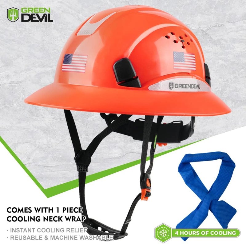 GREEN DEVIL Full Brim Hard Hat Vented Construction Safety Helmet OSHA Approved Cascos De Construccion Work Hardhats with Cooling Towel for Men&Women 6 Point Adjustable Ratchet Suspension - Image 2